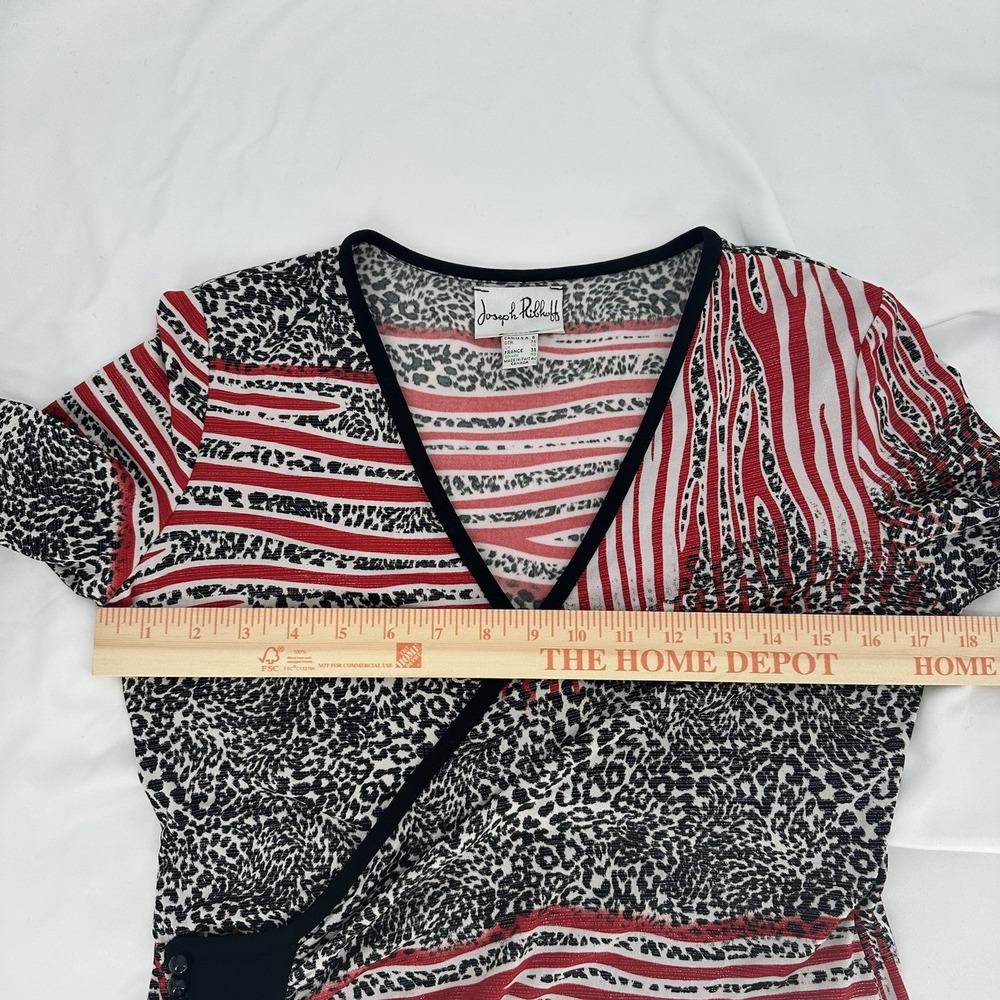 Joseph Ribkoff Women's Sz 8 V-Neck Faux Wrap Top Metallic Threading Animal Print - Picture 5 of 7